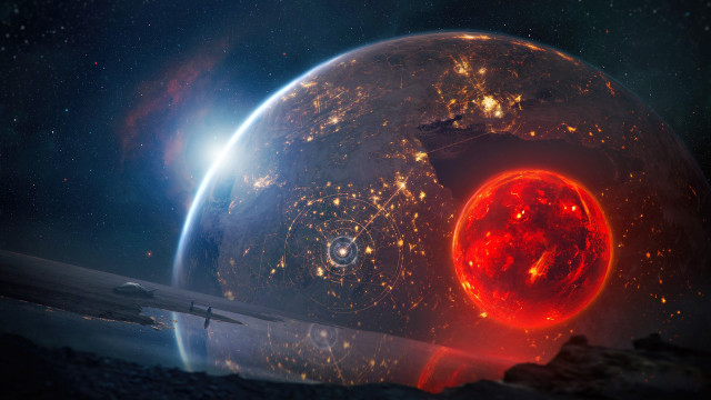 Space station red sun astronaut free wallpaper for desktop - medium preview image