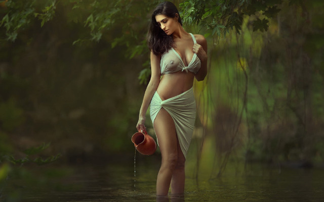 Woman dress watering can river free wallpaper for desktop - medium preview image