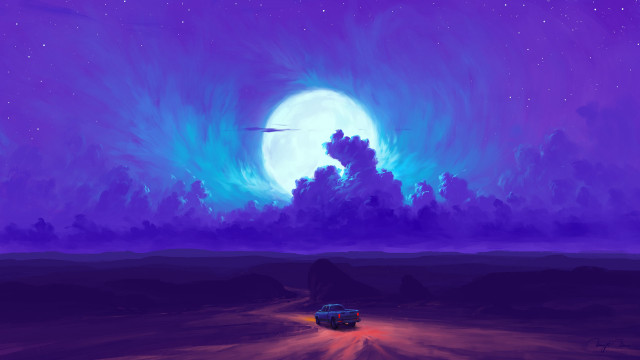 Purple moonlit road car fantasy free wallpaper for desktop - medium preview image