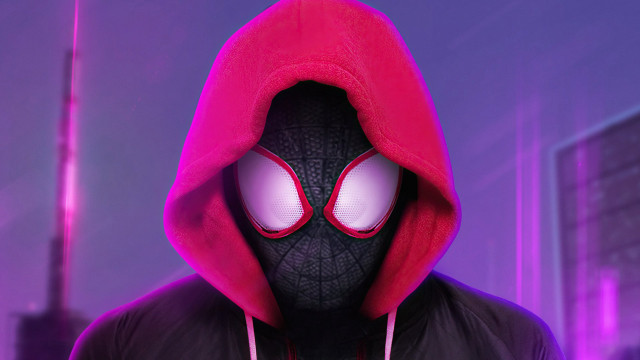 Spiderman mask red hoodie purple free wallpaper for desktop - medium preview image