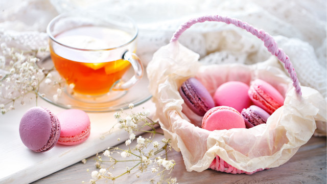 Basket macaroons tea book flowers free wallpaper for desktop - medium preview image
