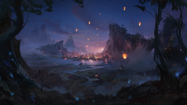 Fantasy landscape mountain town night free wallpaper for desktop - medium preview image