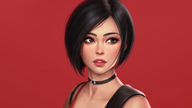 Woman blackdress redbackground bangs bobcut free wallpaper for desktop - medium preview image