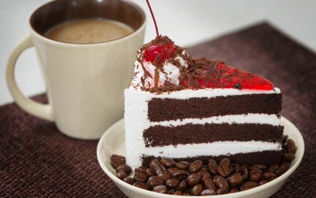 Cake coffee plate blurry depth free wallpaper for desktop - medium preview image