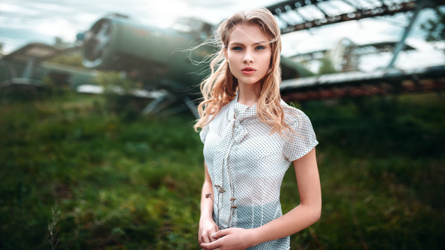 Woman field train bridge blonde free wallpaper for desktop - medium preview image