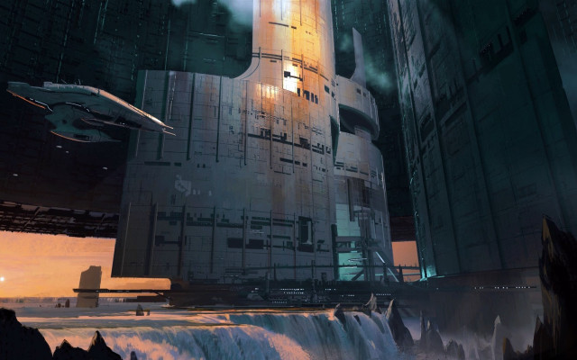 Futuristic city waterfall ceric peyravernay free wallpaper for desktop - medium preview image