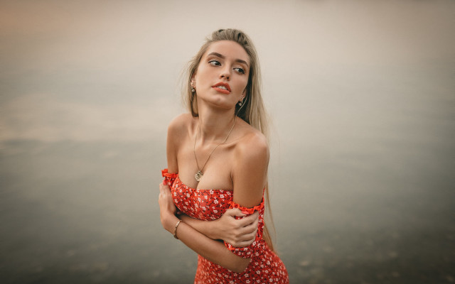 Red dress water portrait elina free wallpaper for desktop - medium preview image