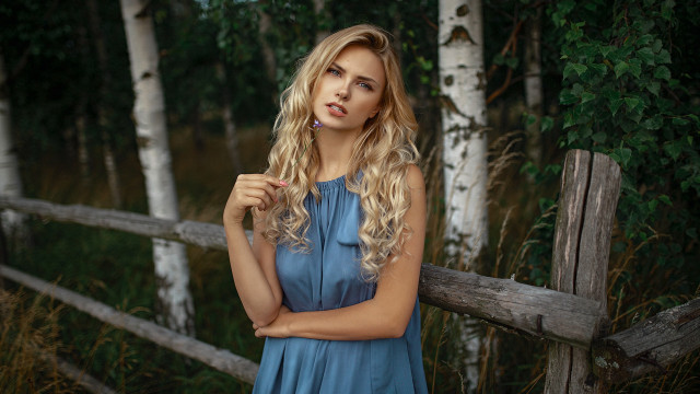 Blonde woman blue dress fence free wallpaper for desktop - medium preview image