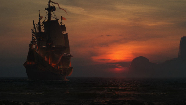 Ship ocean sunset mountain clouds free wallpaper for desktop - medium preview image