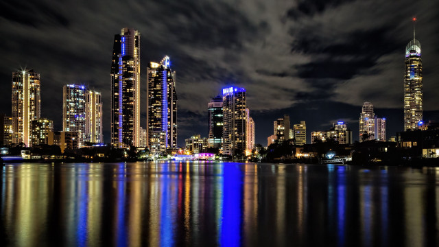 City skyline lake night clouds free wallpaper for desktop - medium preview image