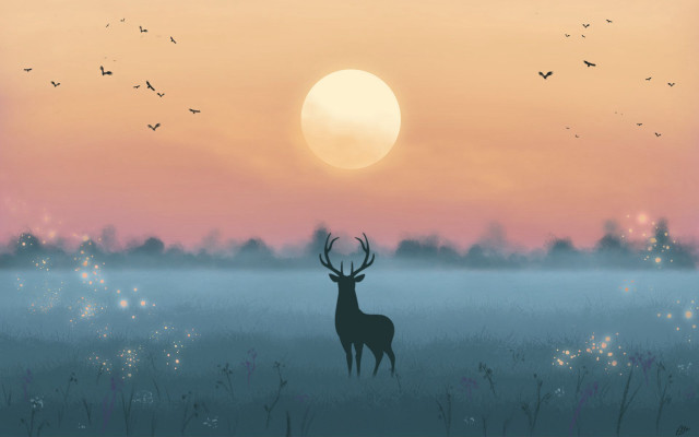 Deer sunset field birds mountain free wallpaper for desktop - medium preview image