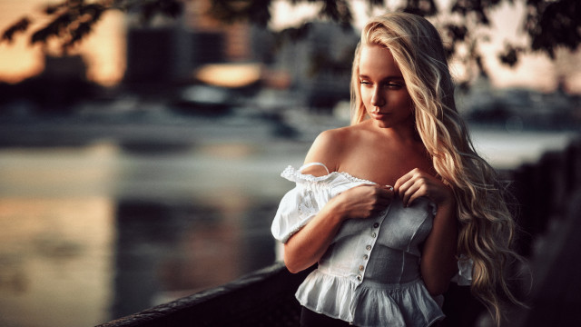 Blonde woman river serious cinematic free wallpaper for desktop - medium preview image