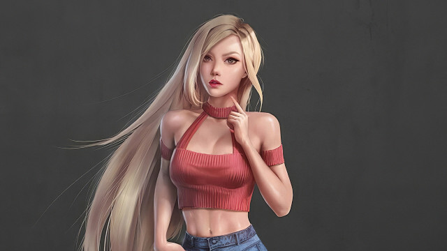 Blonde woman red top jeans free wallpaper for desktop - medium preview image
