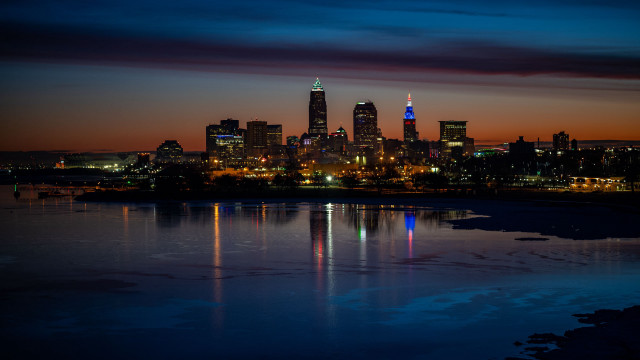 City skyline lake night lights free wallpaper for desktop - medium preview image