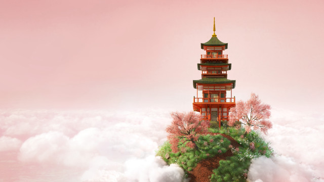 Tower clouds east asian shrine free wallpaper for desktop - medium preview image