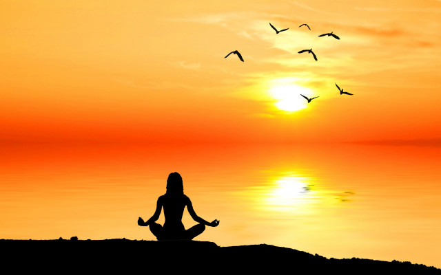 Yoga woman sunset birds water free wallpaper for desktop - medium preview image