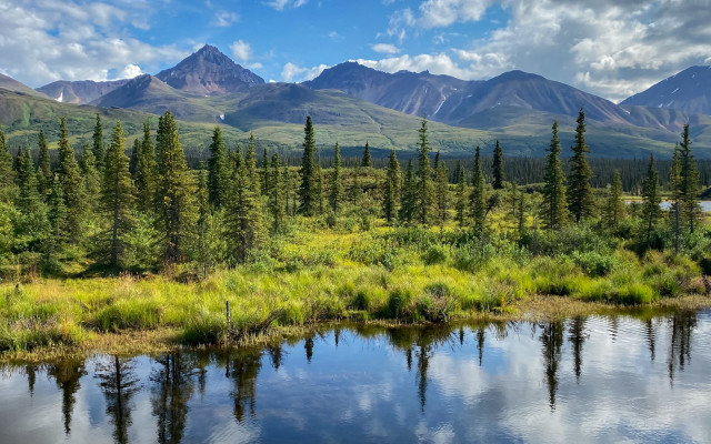 River trees mountains clouds sky free wallpaper for desktop - medium preview image