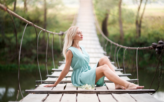 Woman bridge blue dress sky free wallpaper for desktop - medium preview image