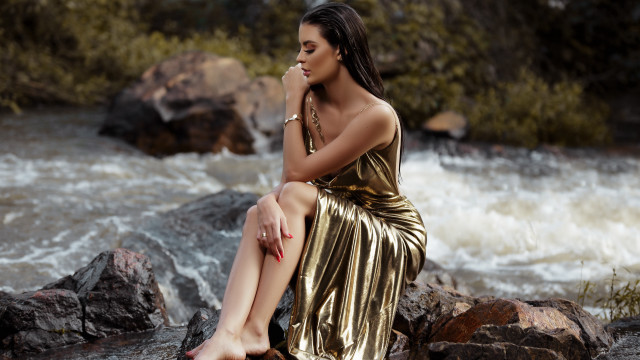 Woman rock river waterfall gold free wallpaper for desktop - medium preview image