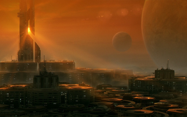 Afrofuturism futuristic city tower sunset free wallpaper for desktop - medium preview image
