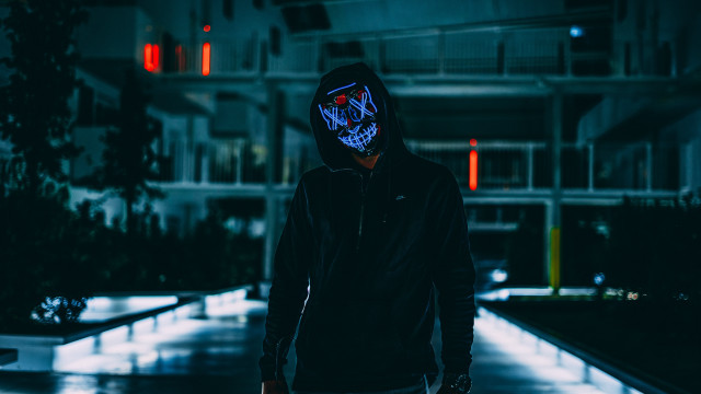Man hoodie neon mask rain free wallpaper for desktop - medium preview image