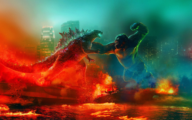 Godzilla fighting city fire water free wallpaper for desktop - medium preview image