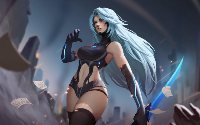 Futuristic woman sword city blurry free wallpaper for desktop - medium preview image