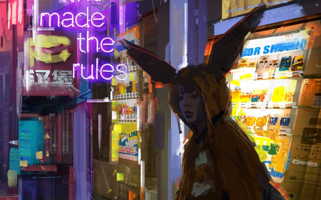 Cyberpunk woman vendingmachine neon sign free wallpaper for desktop - medium preview image