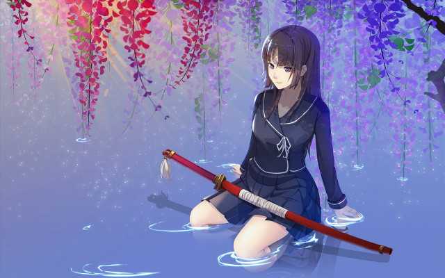 Girl sitting sword cherry blossoms free wallpaper for desktop - medium preview image