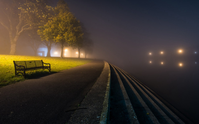 Foggy night bench park lights free wallpaper for desktop - medium preview image