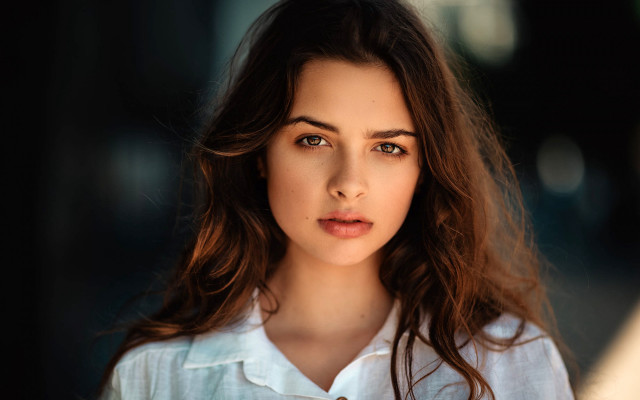 Serious woman longhair white shirt free wallpaper for desktop - medium preview image