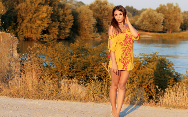 Woman yellow dress river phone free wallpaper for desktop - medium preview image