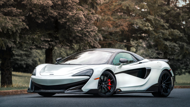 White sports car forest road free wallpaper for desktop - medium preview image