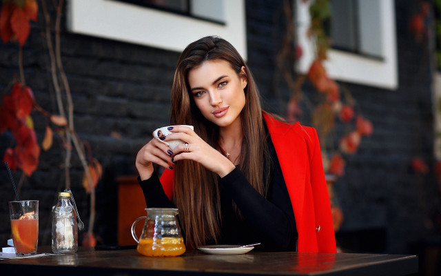 Woman sitting cafe tea cellphone free wallpaper for desktop - medium preview image