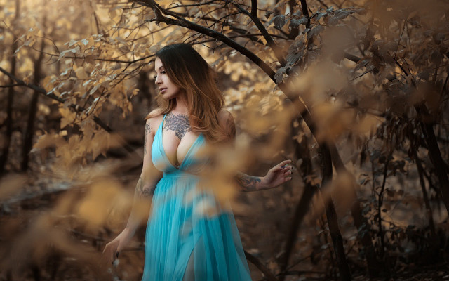 Woman blue dress forest tattoo free wallpaper for desktop - medium preview image