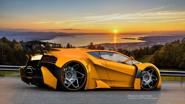 Yellow sports car lake sunset free wallpaper for desktop - medium preview image