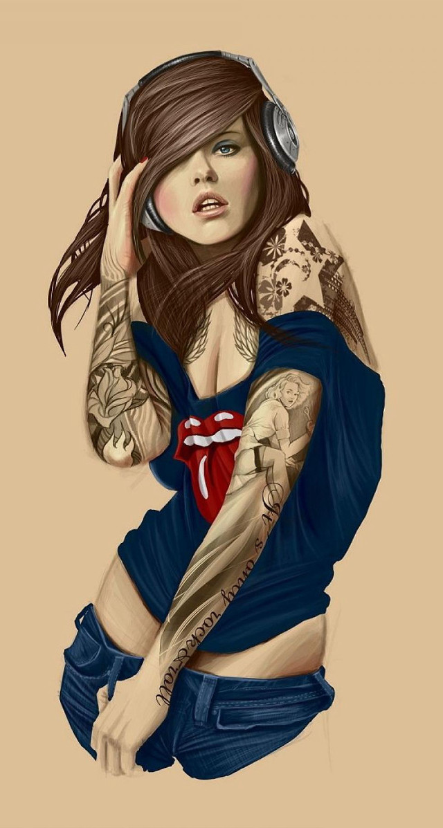 Woman tattoo headphones punk art free wallpaper for mobile - medium preview image