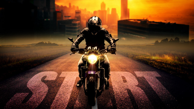Man motorcycle cityscape orange sky free wallpaper for desktop - medium preview image
