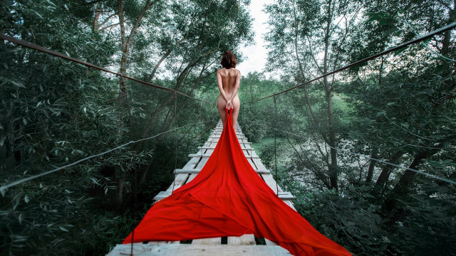 Woman red dress bridge woods free wallpaper for desktop - medium preview image