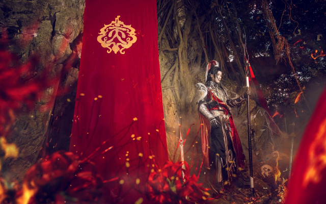 Fantasy armor man red flag free wallpaper for desktop - medium preview image