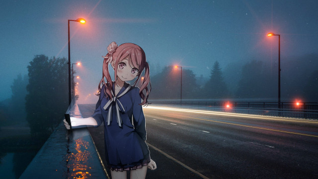 Girl street rain night aurora free wallpaper for desktop - medium preview image