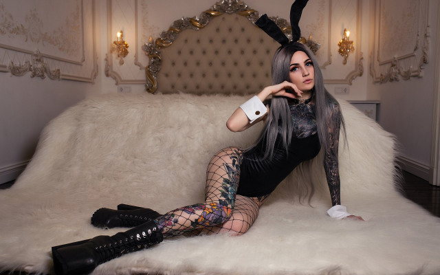 Bunny ears woman couch fur free wallpaper for desktop - medium preview image