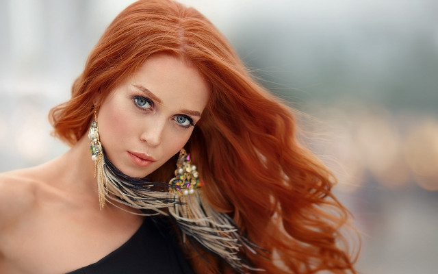Redhair blueeyes blackdress feathernecklace flower free wallpaper for desktop - medium preview image