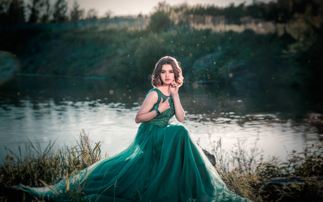 Green dress woman river forest free wallpaper for desktop - medium preview image