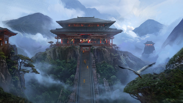 Mountain pagoda stairway flying bird free wallpaper for desktop - medium preview image
