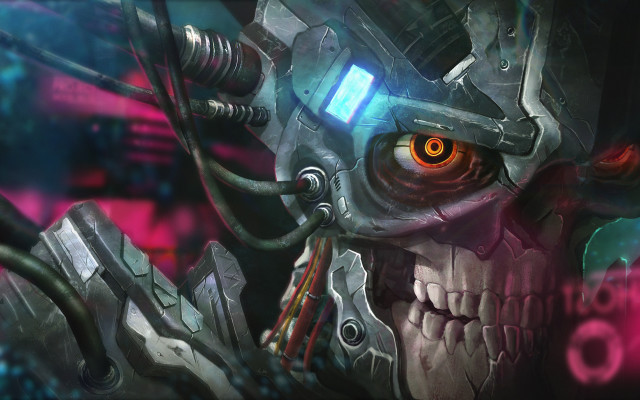 Robot glowing eye skull face free wallpaper for desktop - medium preview image