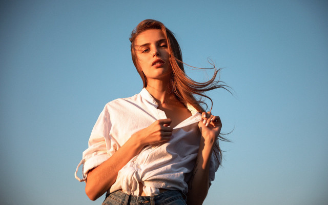 Woman white shirt tie blue free wallpaper for desktop - medium preview image