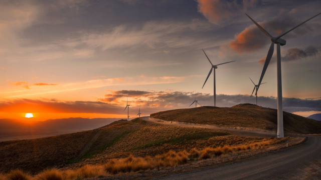 Wind turbines hill sunset road free wallpaper for desktop - medium preview image