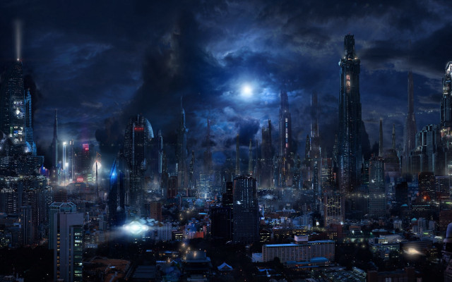 Night city moon aurora skyline free wallpaper for desktop - medium preview image
