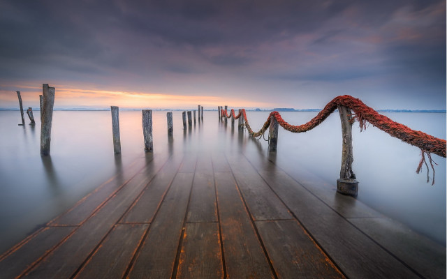 Dock red rope sunset mountains free wallpaper for desktop - medium preview image